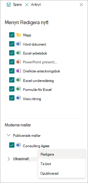Skärmbild av menypanelen Redigera ny som visar avsnittet Moderna mallar.