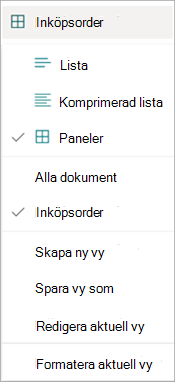 Skärmbild av en nedrullningsbara vymeny som visar visningsalternativen.