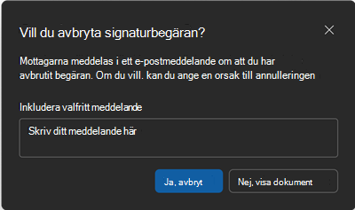 Skärmbild av skärmen Avbryt bekräftelse av signaturbegäran.