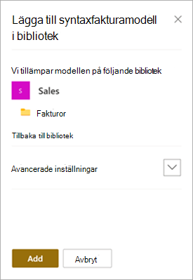 Skärmbild av panelen Lägg till i bibliotek som visar den webbplats och de bibliotek som används.