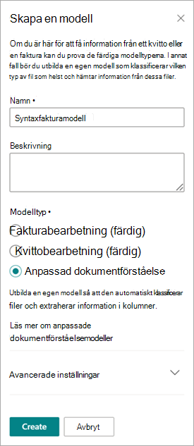 Skärmbild av panelen Skapa en modell.