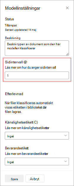 Skärmbild av panelen Modellinställningar som visar alternativet Sidintervall.