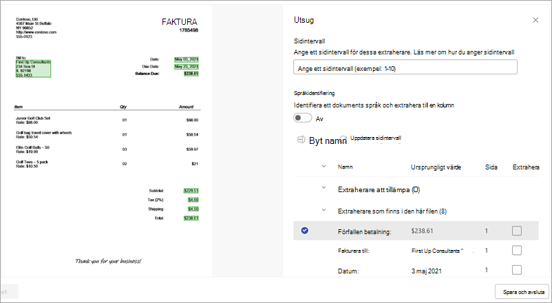 Skärmbild av informationssidan för extraktor och panelen Extraherare.