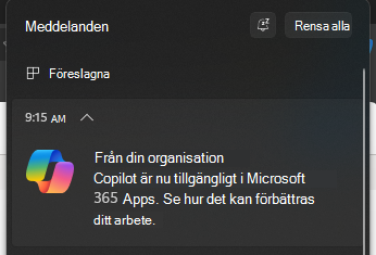 Skärmbild som visar popup-meddelandet för Copilot.