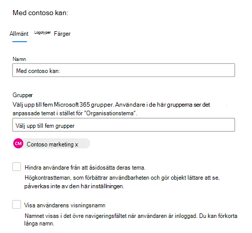 Skärmbild: Fliken Allmänt som visar standardtemat för en grupp användare i din organisation