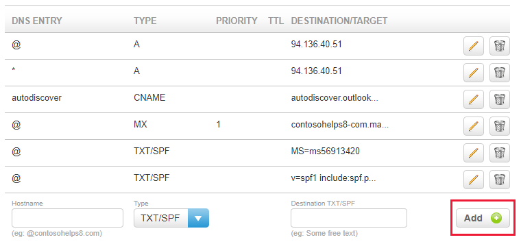 Skärmbild av var du väljer Lägg till för att lägga till en TXT-post för domänverifiering.