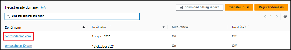 Skärmbild av registrerade domäner där du väljer Domännamn för TXT-posten för domänverifiering.