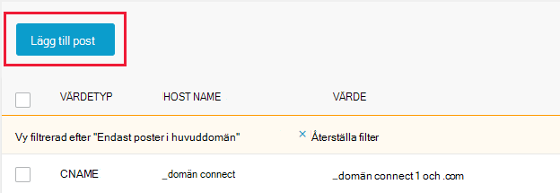 Skärmbild av var du väljer Lägg till post för att lägga till en TXT-post för domänverifiering.