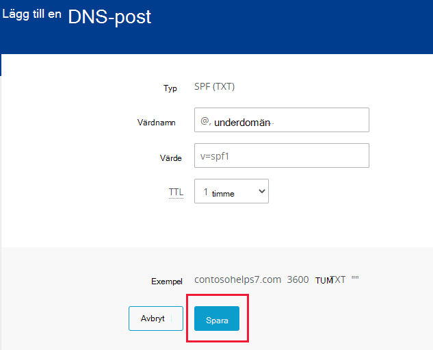 Skärmbild av var du väljer Spara för att lägga till en SPF TXT-post.