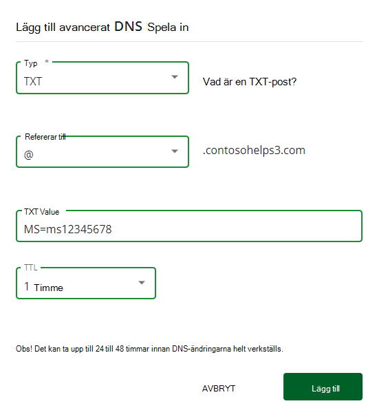 Skärmbild av var du väljer Lägg till för att lägga till en TXT-post för domänverifiering.