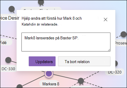 Skärmbild av relationsbeskrivning för relaterade ämnen med alternativ för att ta bort relationen.