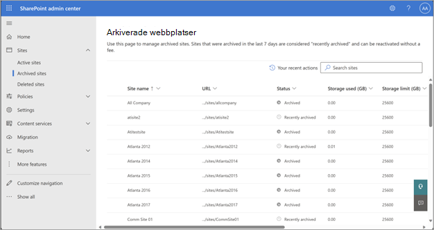 Skärmbild av sidan Arkiverade webbplatser i administrationscentret för SharePoint.
