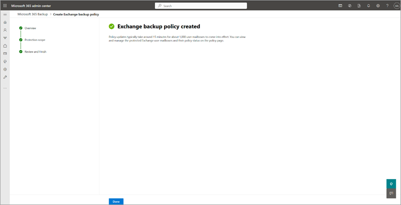 Skärmbild av sidan med exchange-säkerhetskopieringspolicyn som skapats.