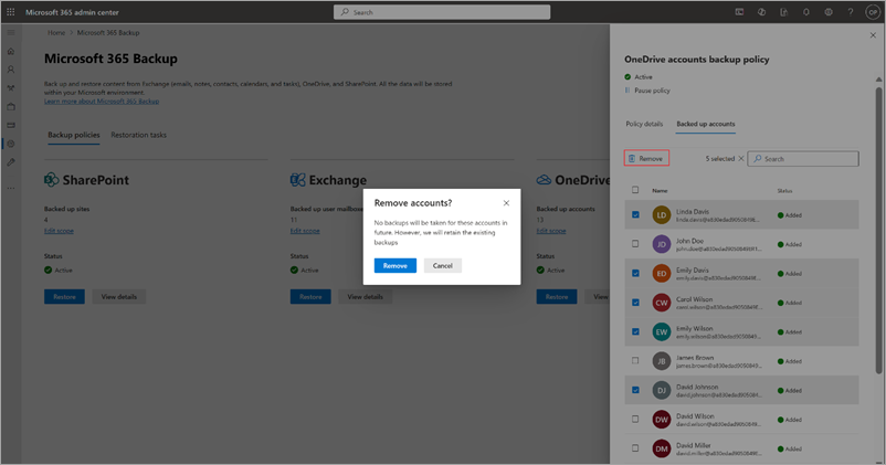 Skärmbild som visar hur du tar bort användarkonton från onedrive-säkerhetskopieringspolicyn i Administrationscenter för Microsoft 365.