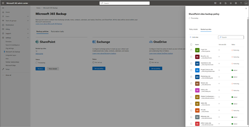 Skärmbild av den uppdaterade panelen för säkerhetskopieringsprinciper för SharePoint-webbplatser i Administrationscenter för Microsoft 365.