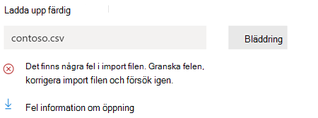 Felmeddelande om CSV-import.