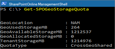 Skärmbild av PowerShell-fönstret som visar Get-SPOGeoStorageQuota cmdlet.