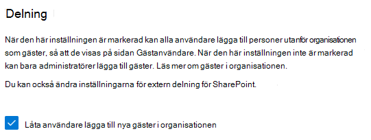 Skärmbild av inställningen för gästdelning för säkerhet och sekretess i administrationscentret för Microsoft 365.