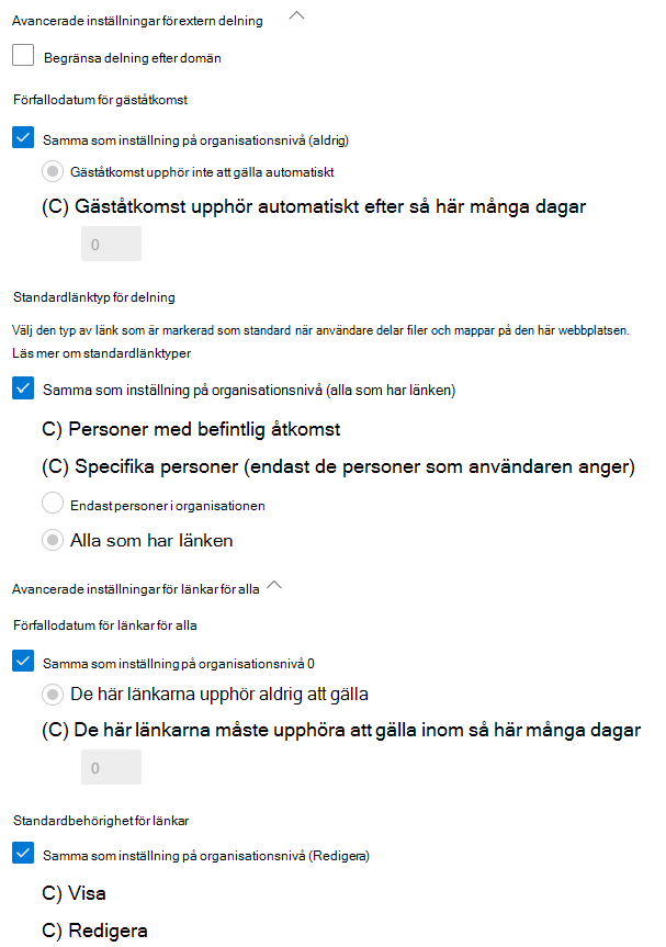 Skärmbild av inställningar för länkdelning för SharePoint på webbplatsnivå.