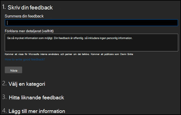 Skärmbild: Sida för att ange och sammanfatta din feedback