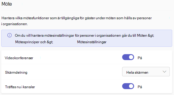 Skärmbild av inställningar för gästmöten i Teams.