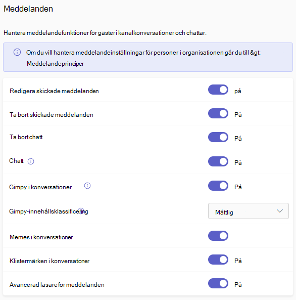 Skärmbild av inställningar för gästmeddelanden i Teams.