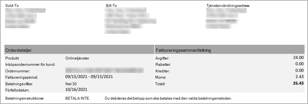 Huvudavsnittet på sidan ett av fakturan.