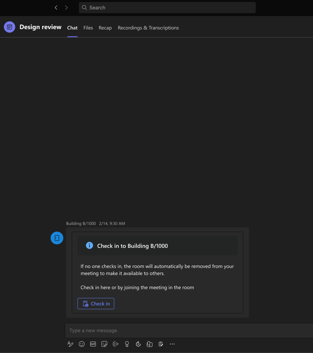 Screenshot that shows check-in using Teams Chat.