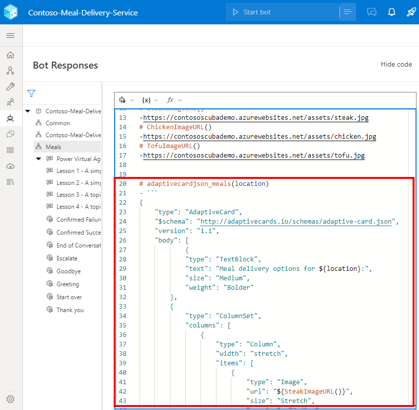 Fliken Composer robotsvar – adaptiva kort JSON.