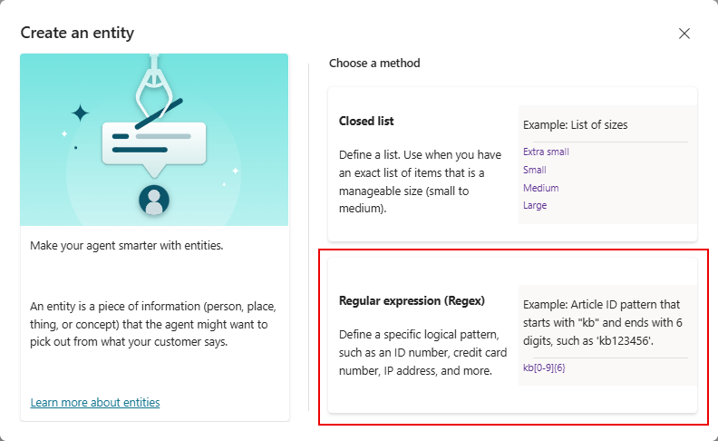 Skärmbild av fönstret för att skapa entiteten, med alternativet Regex för att visas.