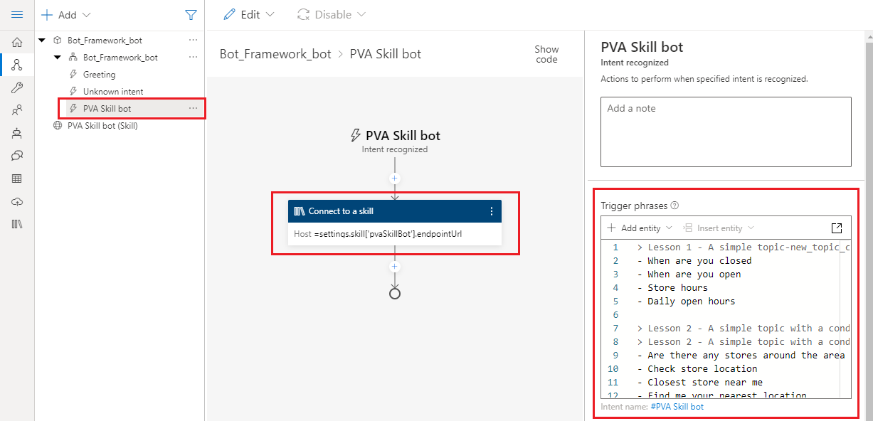 Skärmbild av Composer efter att Microsoft Copilot Studio färdigheten har lagts till.