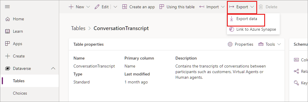 Screenshot of the ConversationTranscript table Export data option.