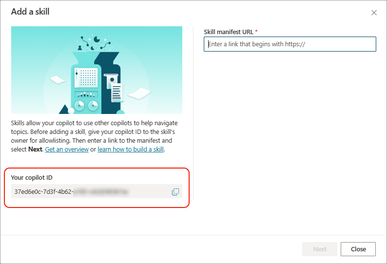 Skärmbilden visar copilot-ID på sidan av fönstret Lägg till en färdighet.