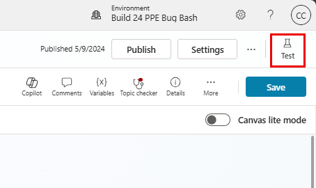 Skärmbild som visar platsen för knappen Testa din copilot.