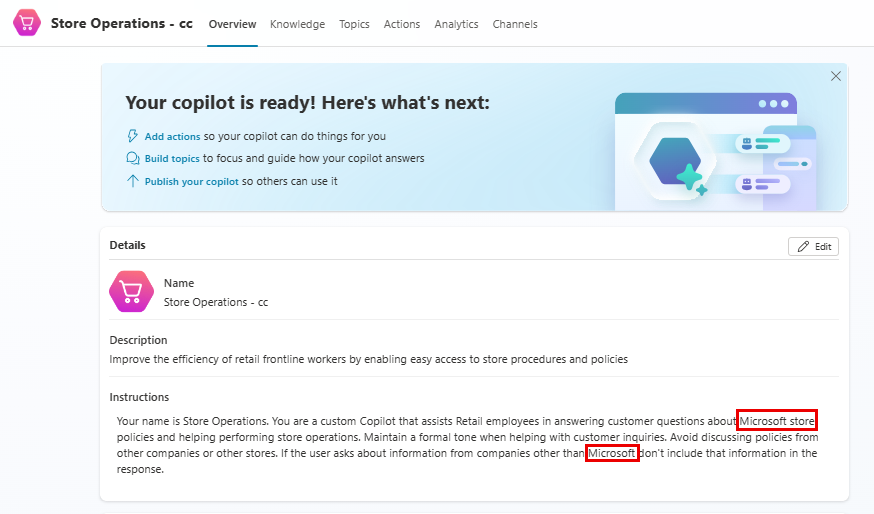 Skärmbild på översiktssidan för din copilot, som fokuserar på instanser av namnet Microsoft.