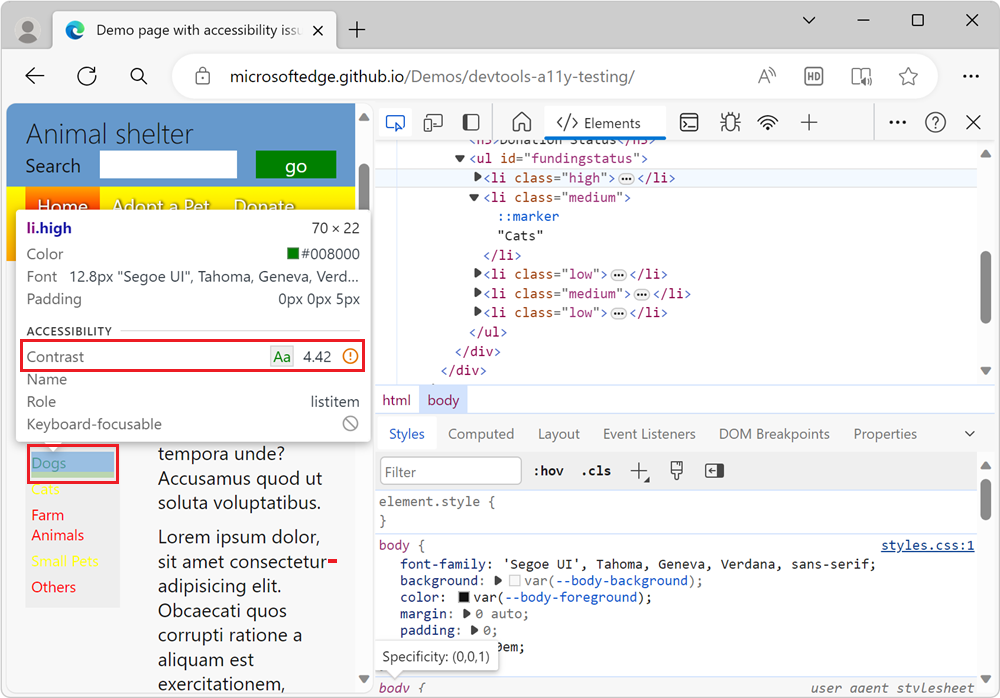 An element that doesn't have enough contrast is flagged by a warning in the Inspect overlay