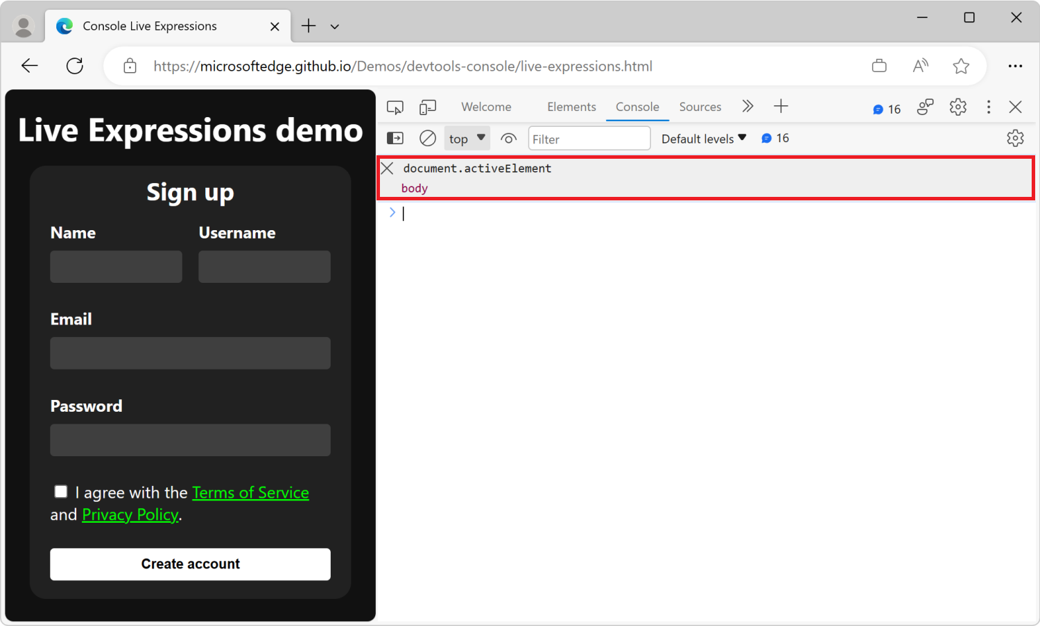 The Console tool, with a Live Expression row below the toolbar, showing the JavaScript expression document.activeElement, and its current result: body