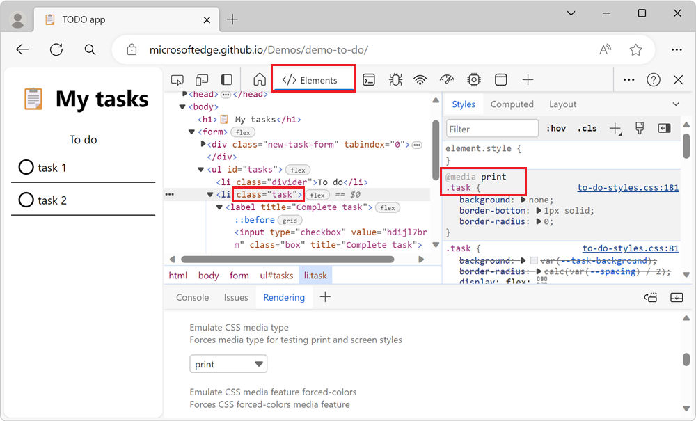 The Elements tool, inspecting an element in the page that's rendered with its print styles