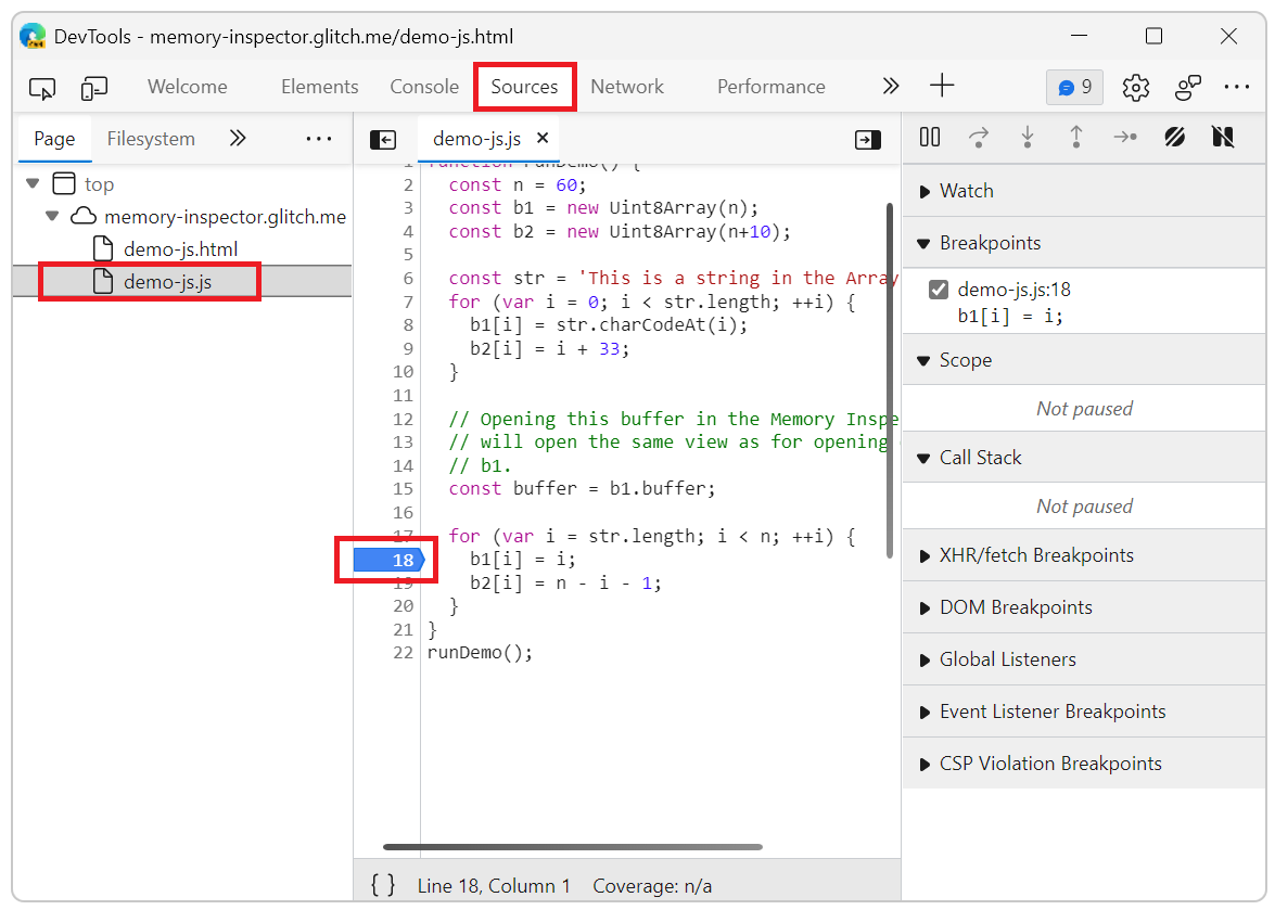 Memory Inspector set breakpoint in JavaScript file