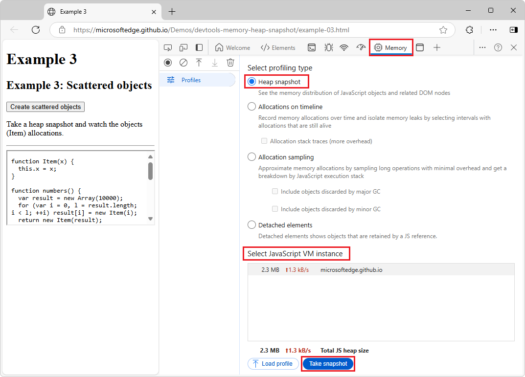 The Memory tool, the Heap snapshot option is selected, and the Take snapshot button is highlighted