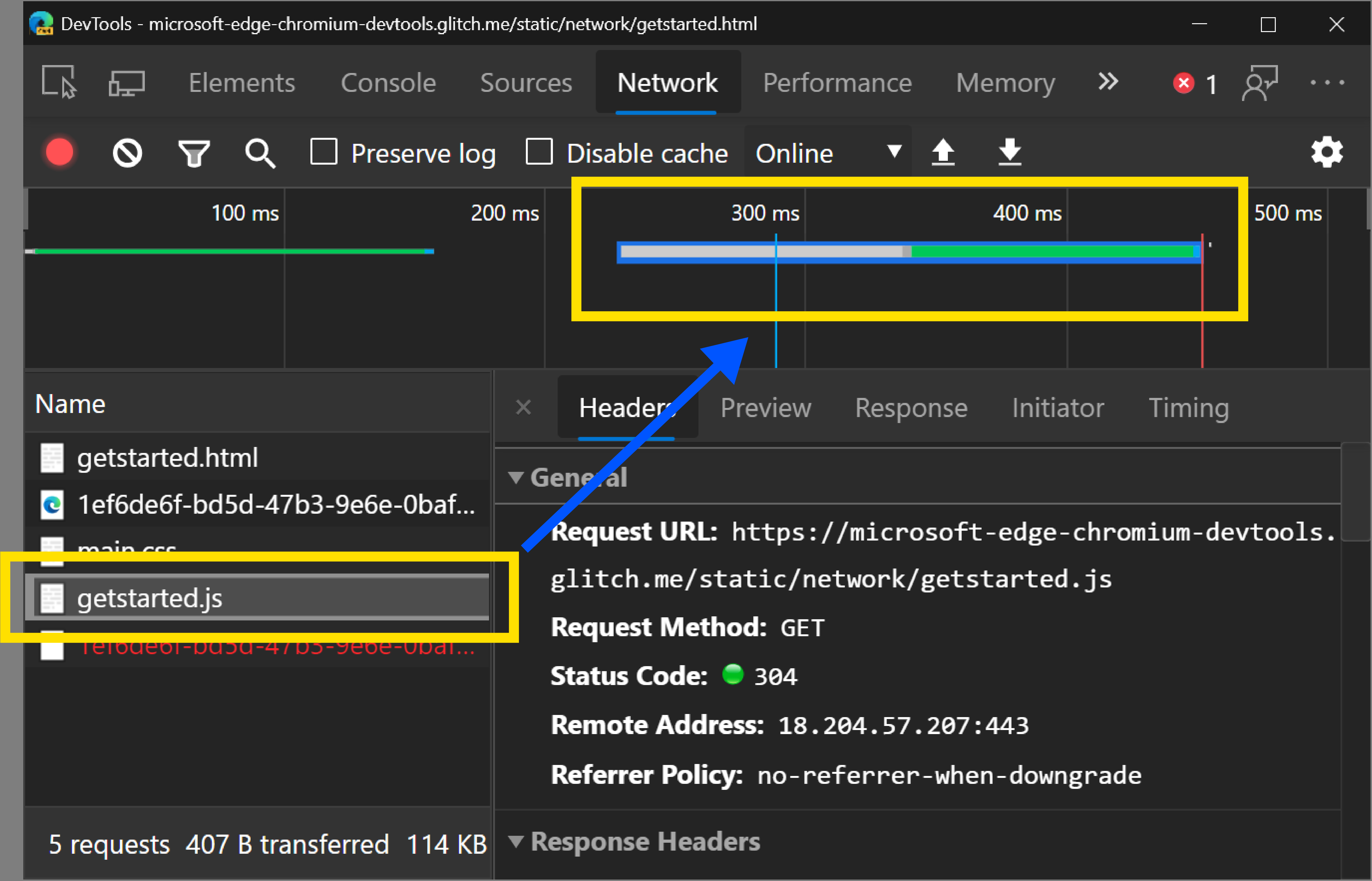 The Overview pane highlighting the inspected resource