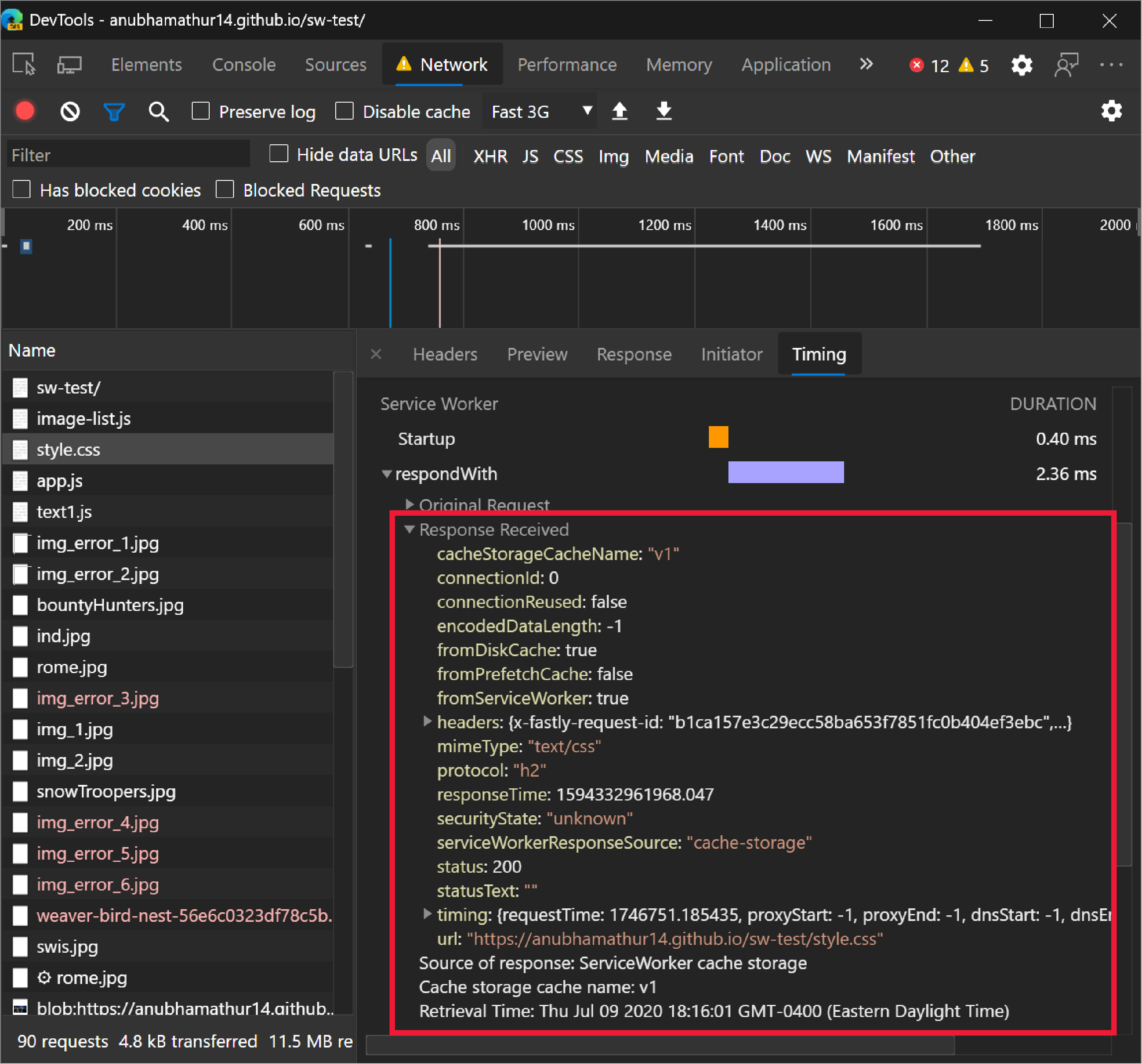 Expand Response received to display additional information from the fetch response