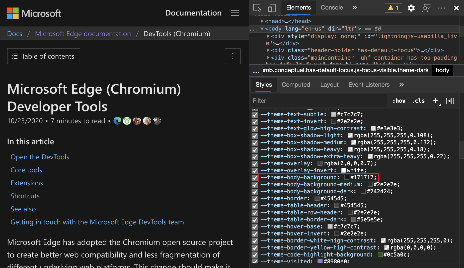 Viewing the definition of a CSS style that's used by a CSS variable