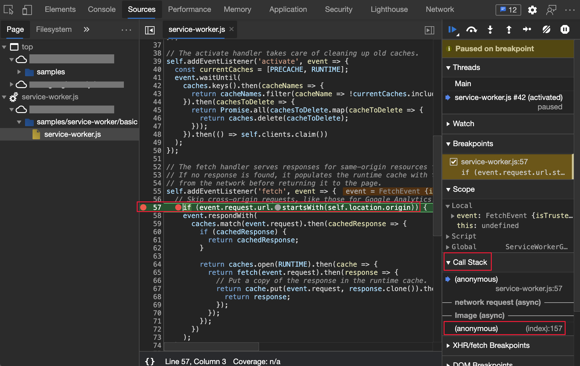 The service-worker.js file and call stack highlighting the request originator