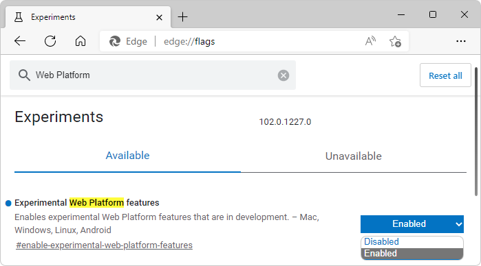 Microsoft Edge Flags > Experimental Web Platform features