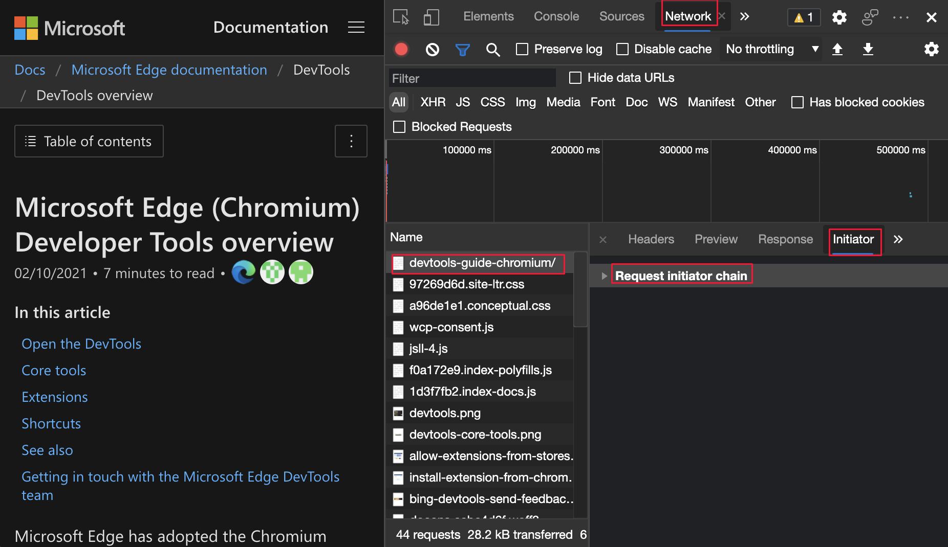 Click a Network request and then click the Initiator pane