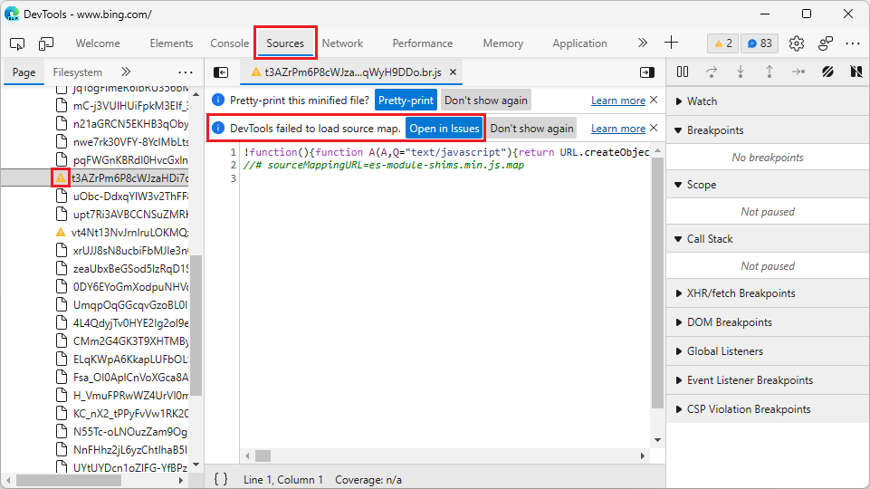 The Sources tool displaying an issue that reads 'DevTools failed to load source map'