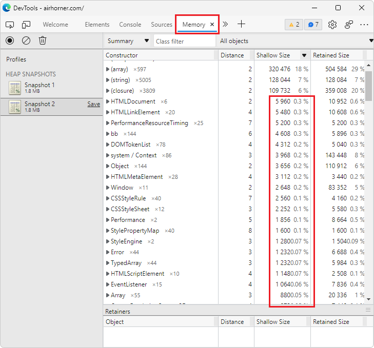 In a heap snapshot, the Shallow Size column values between 0% and 1% of the heap are now shown as decimal values with one or two decimal places