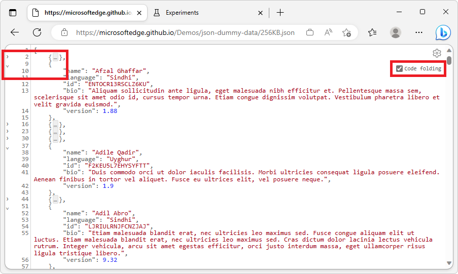 Code folding in Microsoft Edge's JSON Viewer