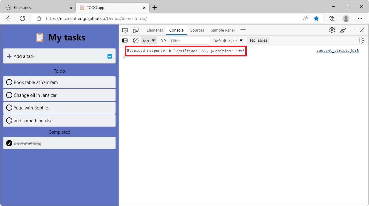 The DevTools Console tool showing the clicked position message